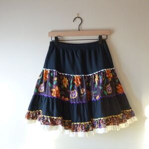 Vtg Low Rise Floral Paisley Full Mini Skirt Eyelet Hem Hippie Boho USA Union S
